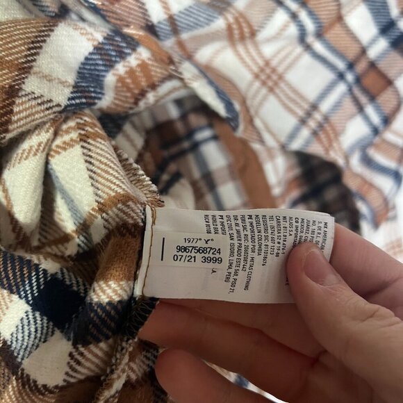 American Eagle Hooded Flannel Plaid Brown Cream Navy Fall Size XL Cozy Boyfriend - Picture 9 of 10